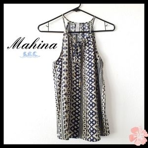♥️ Mahina: Size:S/ Blue & Cream Geo Print Blouse